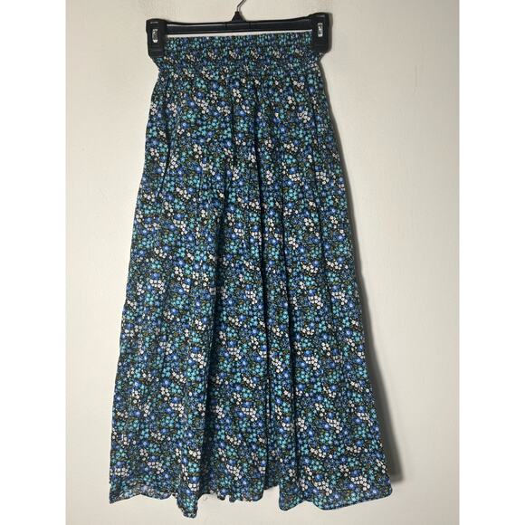 Buru Navy Blue Floral Smocked Waist Midi Skirt Sz xs - Picture 2 of 3